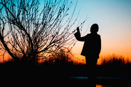 Silhouette of a girl near a tree in spring at sunsetの写真素材