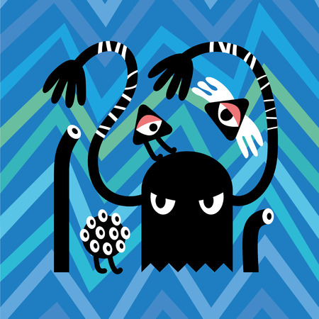 Black Angry Monsters with a Lot of Eyes on Blue Zig Zag Background. Minimalistic Vector Illustrationのイラスト素材