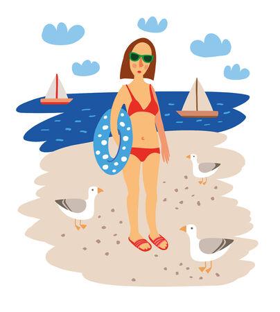 Girl on the Sea Beach. Summer Hand Drawn Vector Illustrationのイラスト素材