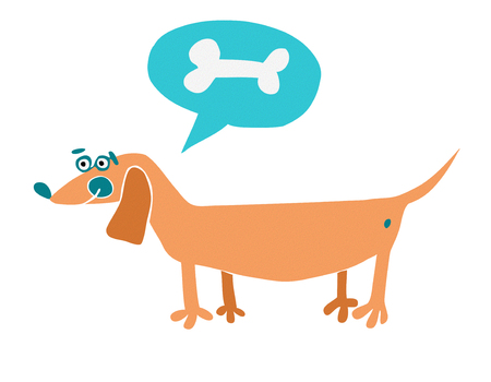 Cartoon dog with text cloud and bone. Hand drawn vector illustrationのイラスト素材