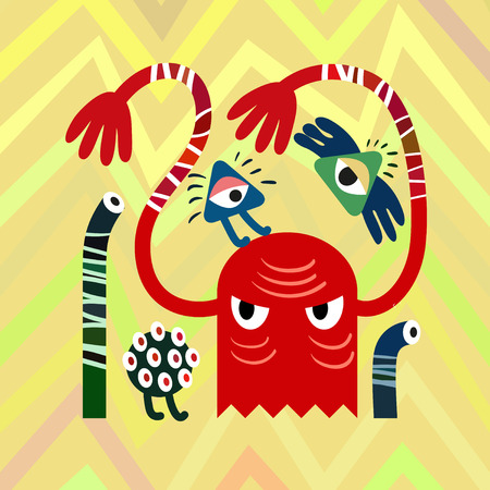 Red Angry Monsters with a Lot of Eyes on Yellow Zig Zag Background. Minimalistic Vector Illustrationのイラスト素材