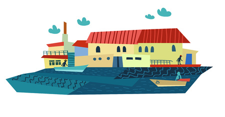 Bright Summer Sea Town and Boats. Vector Illustrationのイラスト素材