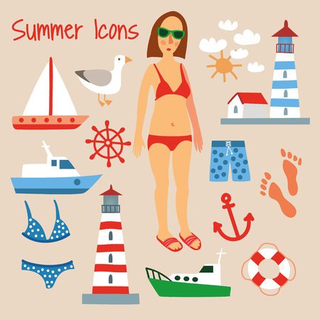 Girl on the Sea Beach. Summer Hand Drawn Vector Illustrationのイラスト素材