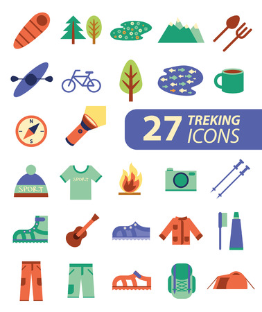 Set of flat colorful hiking, trekking and camping icons. Outdoor activity symbols drawn in vectorのイラスト素材
