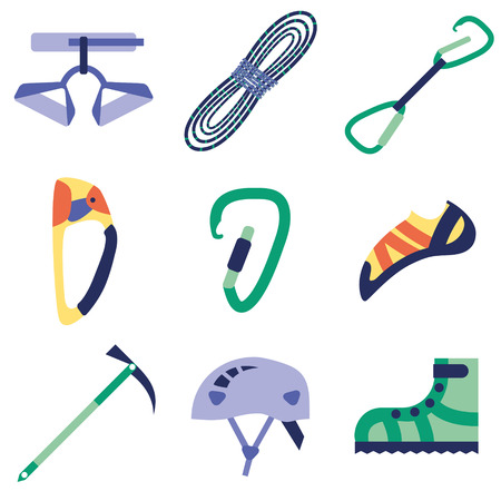 Climbing, hiking, trekking, camping, speleology and ice climbing equipment vector set. Vector flat iconsのイラスト素材