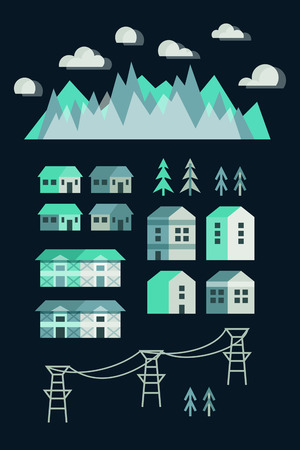 Town infographic elements. Vector city elements for create your own city map. Create your own town! Map elements for your pattern, web site or other type of design.Vector illustration. Ski resortのイラスト素材