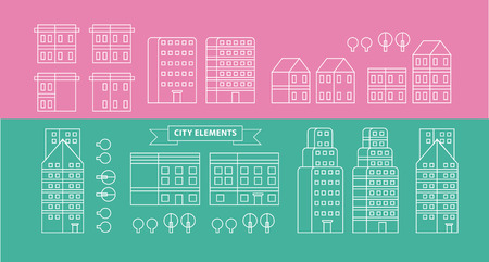 Flat linear city Infographic. Vector town illustrationのイラスト素材
