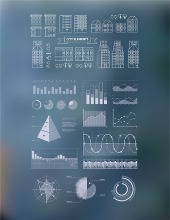 Flat linear city Infographic. Vector town illustrationのイラスト素材