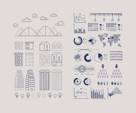 Flat linear city Infographic. Vector town illustrationのイラスト素材