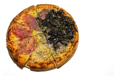 Pizza with ham, salmon and black squid sauce on white background or isolatedの写真素材