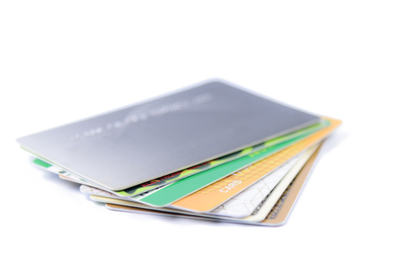 Stack of colorful Credit cards on white background or isolatedの写真素材