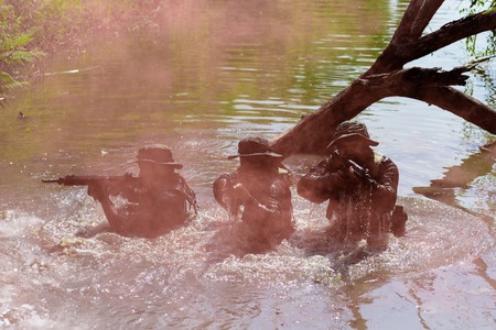 Bangkok Thailand - April  21 , 2018 :  Simulation of the battle plan. The military has been to attack the terrorists from the water. Photo rally by NikonClub Thailand at 11Th Infantry Regiment.のeditorial素材