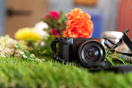 Old retro black camera put on the green grass with orange flower.の写真素材