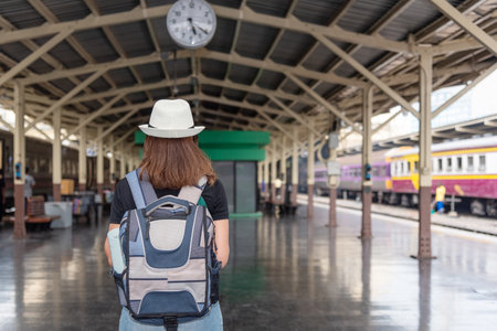 Concept life style holidays travel or journey : Young Asian backpacker woman and wear white hat is walking to take a train at the station.の写真素材