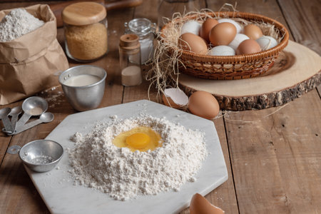 Flour with yolk egg and A lot of eggs put in the basket are place on the wooden table for cooking something.の写真素材