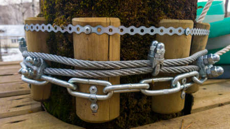 A close up of heavy duty steel wire cable. Coils of wire rope or cable used for suspension bridge.
