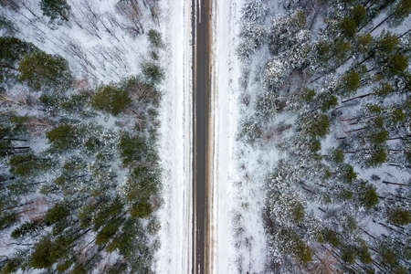 Aerial. A country road between winter forest trees. Nature top viewの写真素材