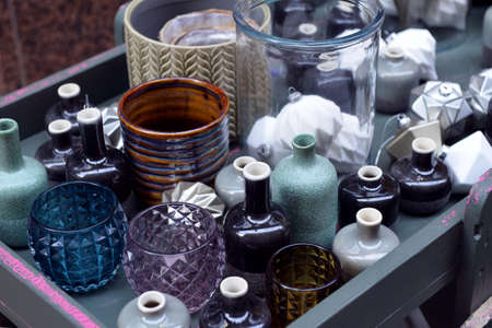 Set of decorative glass vases on the shelf in the store.の写真素材