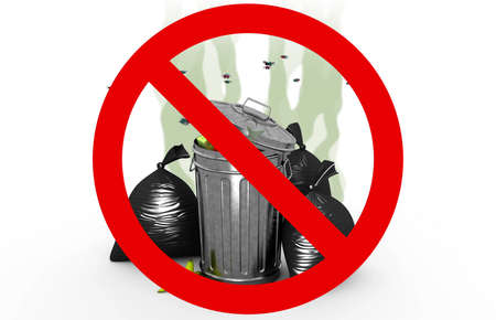 Smelly garbage bin and bags in Prohibited sign, 3d illustrationの写真素材