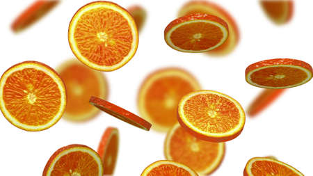 Sections of orange falling on white background, 3d illustrationの写真素材