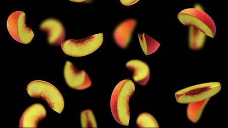 Peach segments falling on black background, 3d illustrationの写真素材