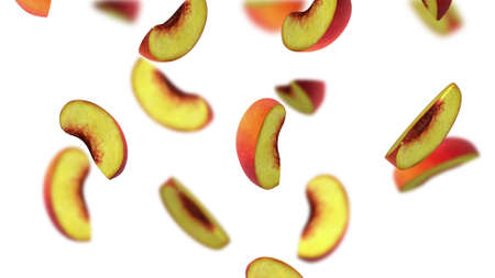 Lobules of peach falling on white background, 3d illustrationの写真素材