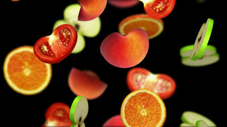 Sliced pieces of fruits falling on black background, 3d illustrationの写真素材