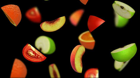 Fruit segments falling on black background, 3d illustrationの写真素材