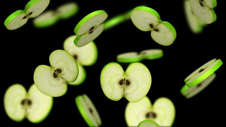 Sliced pieces of green apple falling on black background, 3d illustrationの写真素材