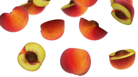 Sections of peach falling on white background, 3d illustration