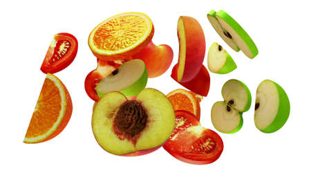 Fruit segments on white background, 3d illustrationの写真素材