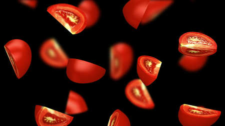 Tomato segments falling on black background, 3d illustrationの写真素材