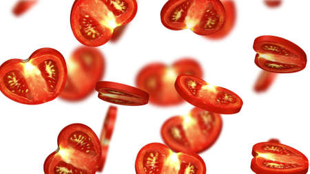 Sections of tomato falling on white background, 3d illustrationの写真素材