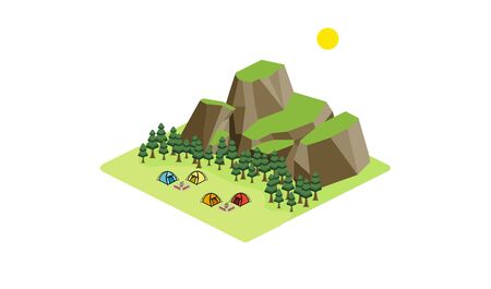 Isometric, cedar forest in front of the mountain with the camping site, four colorful  tents with campfire and logsのイラスト素材