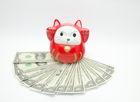 red lucky cat on money with white backgroundの写真素材