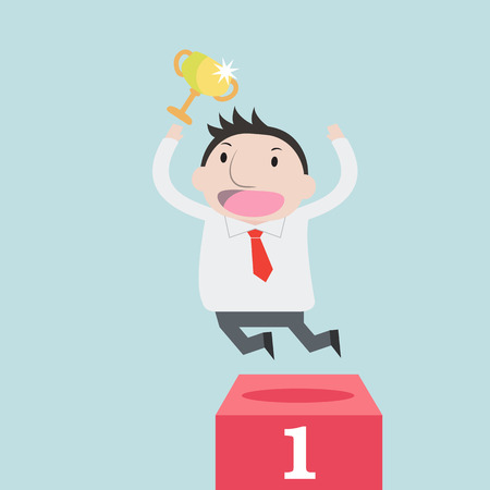 Businessman jump to be number one with trophy - Vectorのイラスト素材