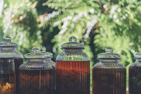 Infused Water in glass jar Fermented from herb, vegetable, and fruit.Having Enzyme and Probiotic. Good effects on physical health.Concept of healthy drinks that come from nature.の写真素材