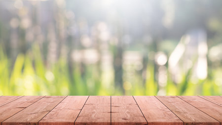 Empty wood table top and blurred green tree and fruit vegetable in agricultural farms background - can used for display or montage your products.の写真素材