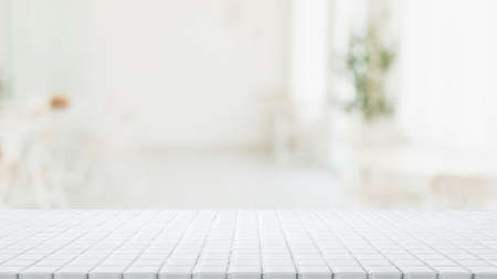 Empty white ceramic mosaic table top and blurred bokeh cafe and restaurant background with vintage filter - can used for display or montage your products.の写真素材