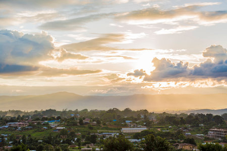 Sunset in small village at Taunggyiの写真素材