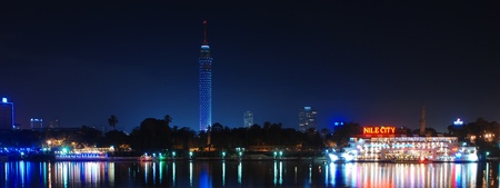 Egypt  Night Cairo  Panoramic view of Nile and Cairo Tower on Gezira islandのeditorial素材