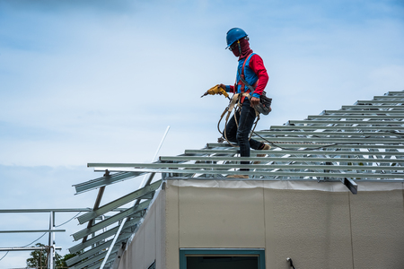 Worker was building a steel roof frame on high.のeditorial素材