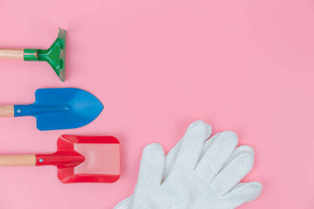Top view with copy space of Gardener tools overhead on pink pastel background, Flat lay concept