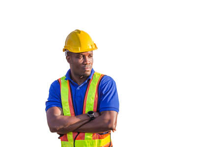 Cheerful engineer shipping company working at the harbor, Factory worker man with clipping path smiling with arms crossed on white backgroundの写真素材