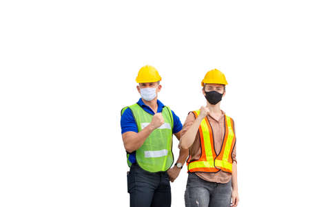 Engineer and worker team wearing protection face mask against coronavirus, Business people team with clipping path on white backgroundの写真素材