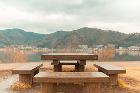 Picnic table with gorgeous view at Kawaguchiko Lake Japanの写真素材
