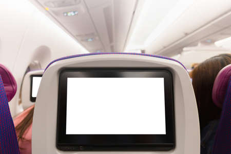 Mockup of Aircraft monitor on cabin in passenger seat plane interiorの写真素材