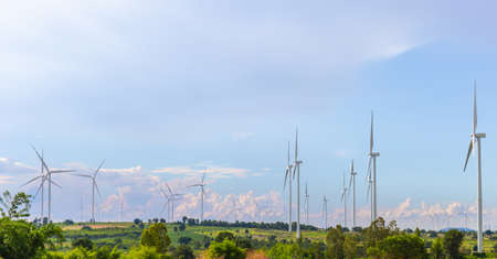 Wind turbine fields green energy electricity, Natural power and energy conceptの写真素材