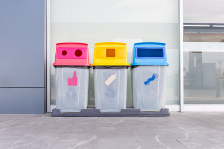 Group of colorful recycle bins green background, Different colored bins for collection of recycled materials. Garbage bins with garbage bags of different colors. Environment and waste management concept.の写真素材