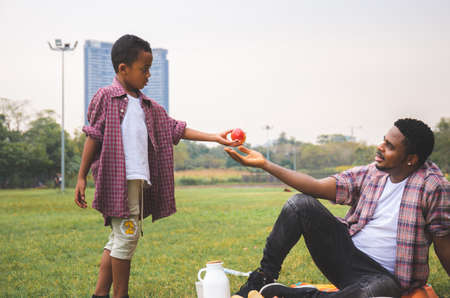 Son gives red apple to his father, african american boy handed an apple to his father, Happiness family in park conceptsの写真素材